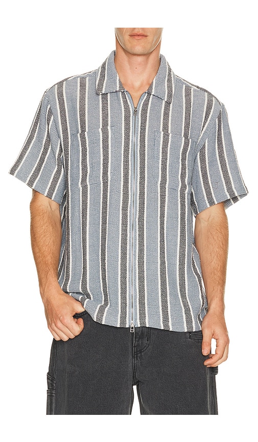 Brixton The Dexter Textured Stripe Short Sleeve Shirt in Black & Dusty Blue. S also in M, L, XL/1X