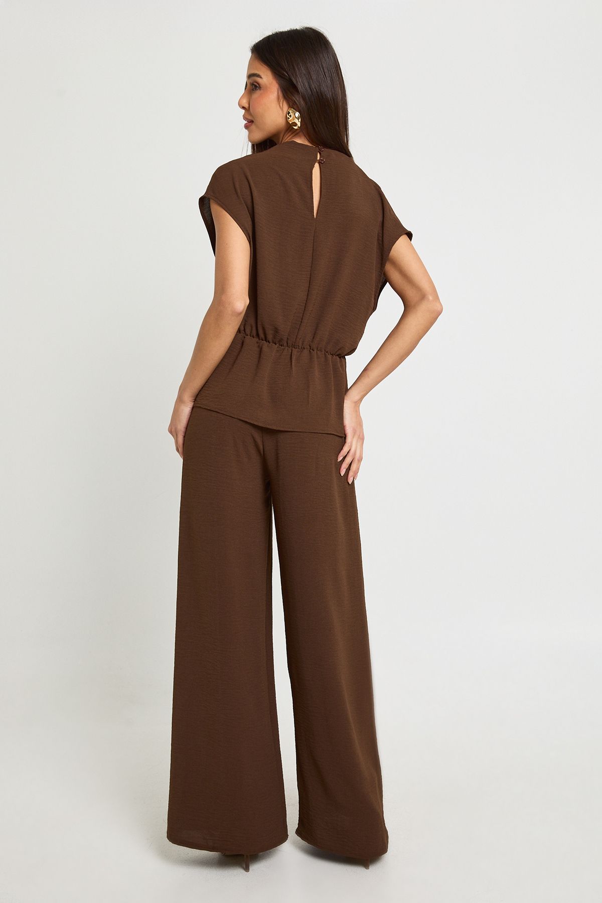 Boohoo Womens Woven Drape Blouse & Trouser Co-Ord - Brown Deni