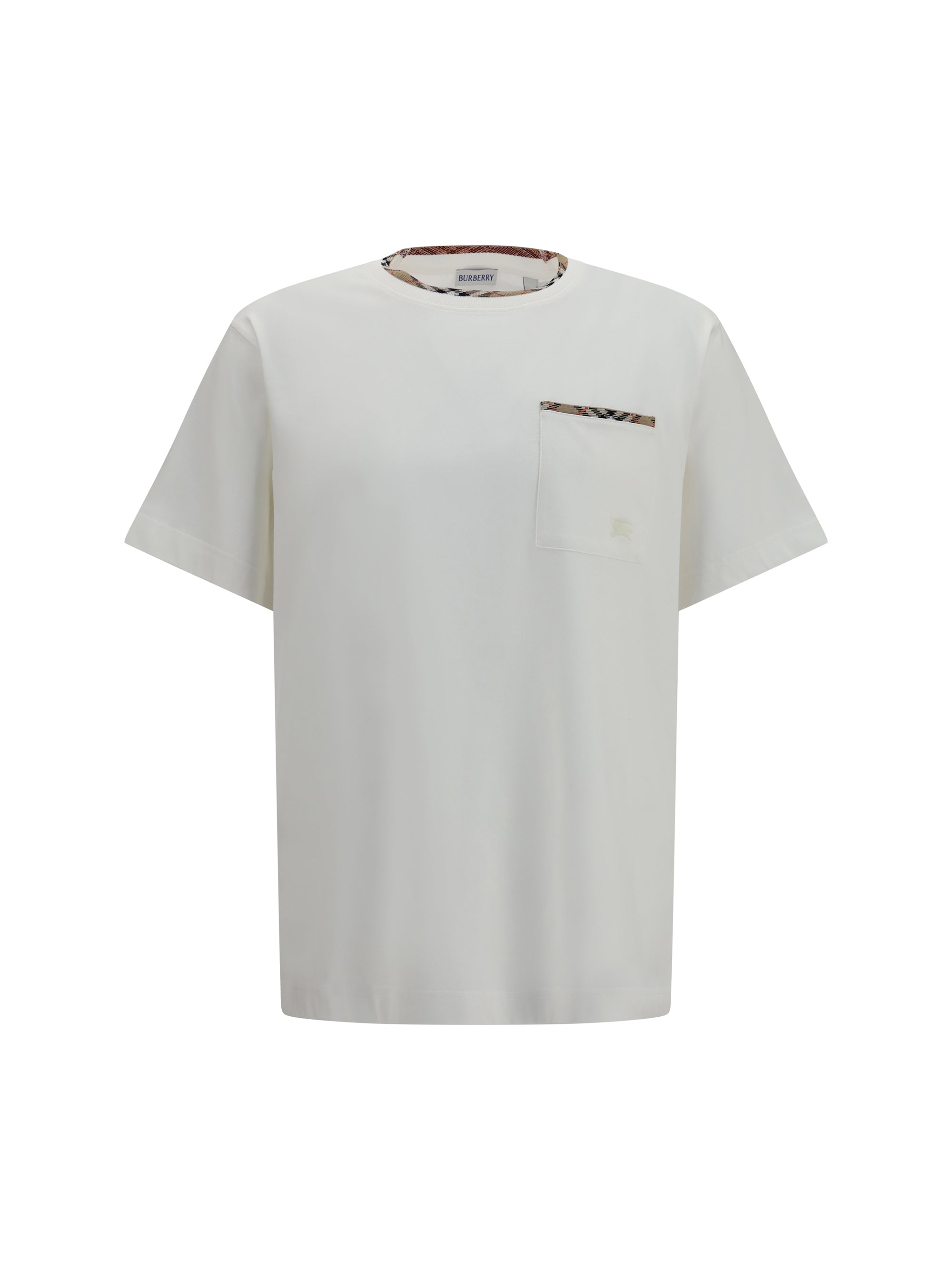 Check-Trim Cotton T-Shirt — Beige