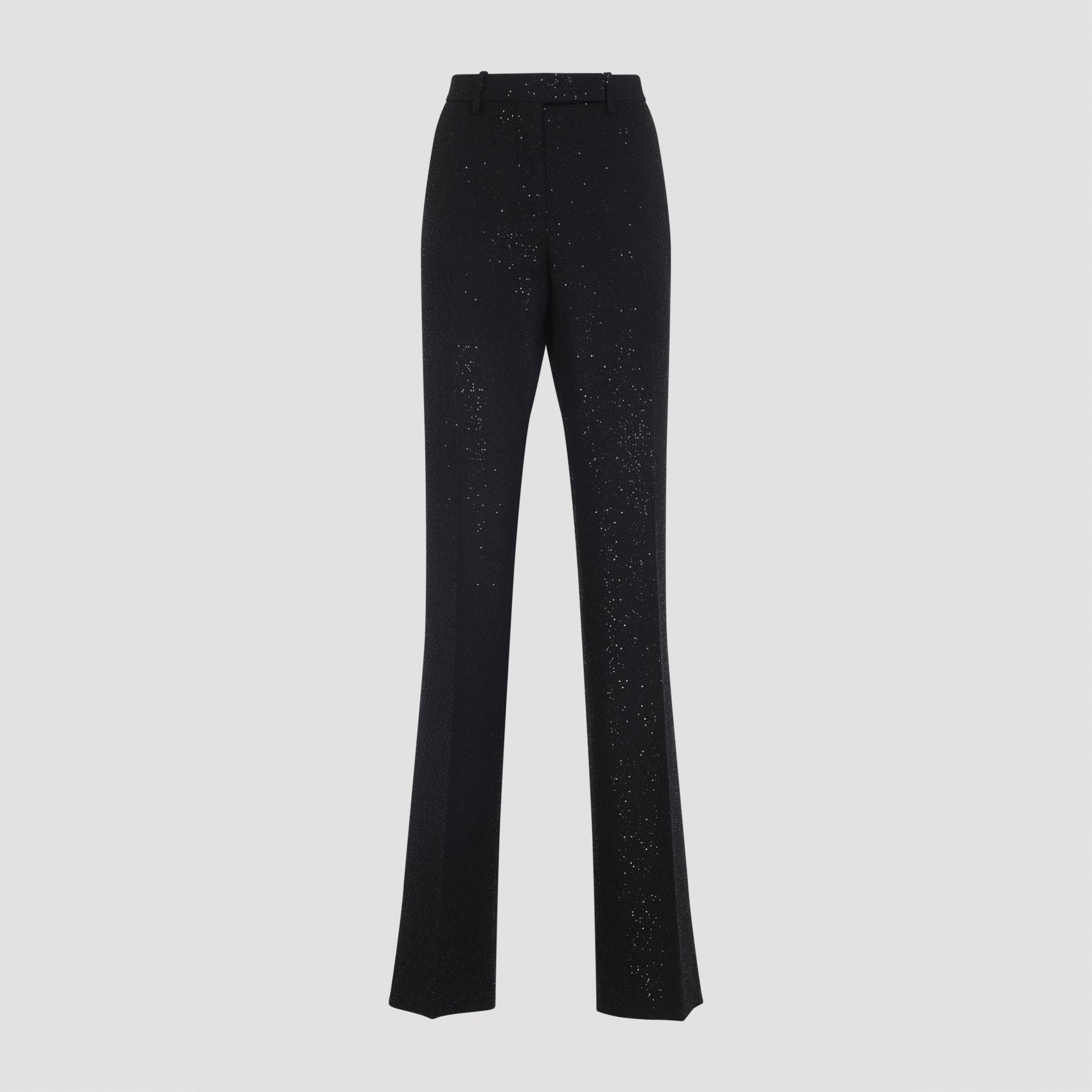 Sequined Wool Blend Crepe Tailored Straight Pants