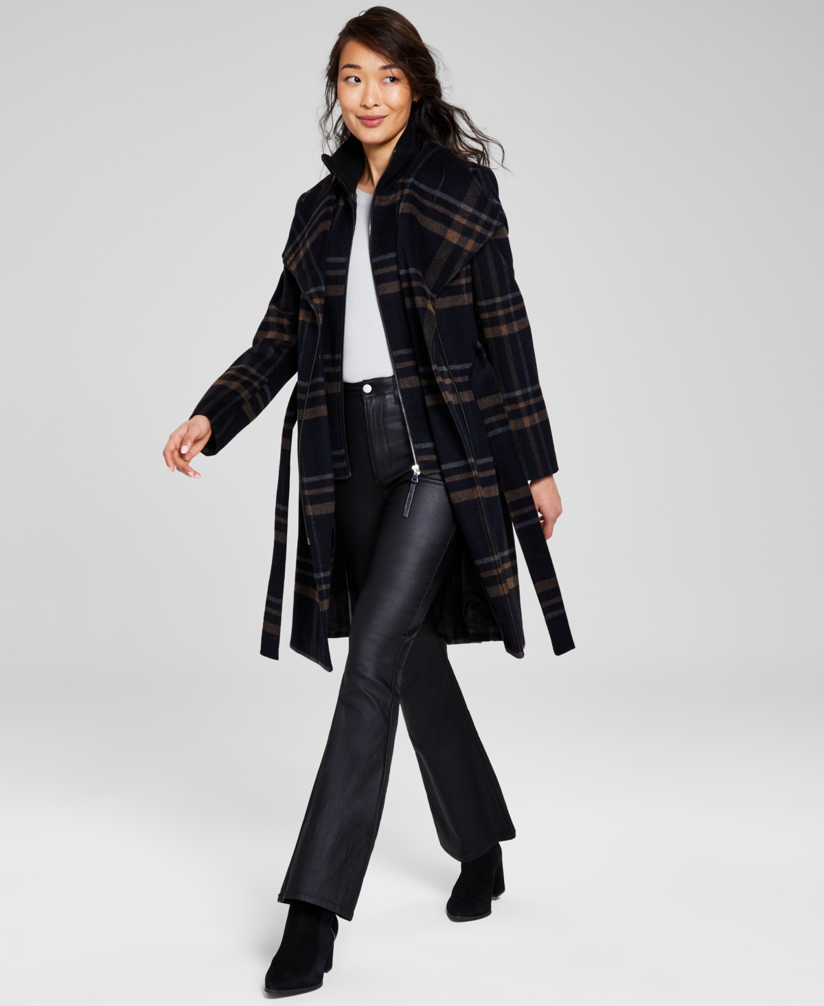 Womens Wool Blend Belted Wrap Coat, Created for Macys - Black Plaid