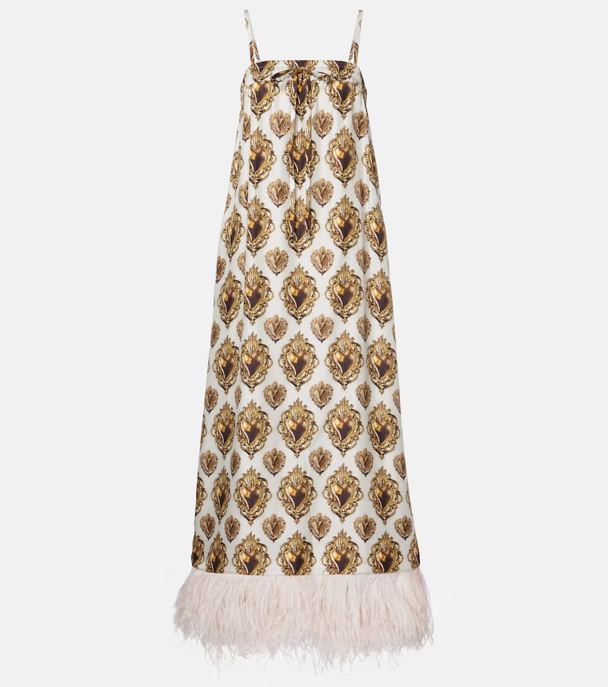 Feather-trimmed printed silk maxi dress