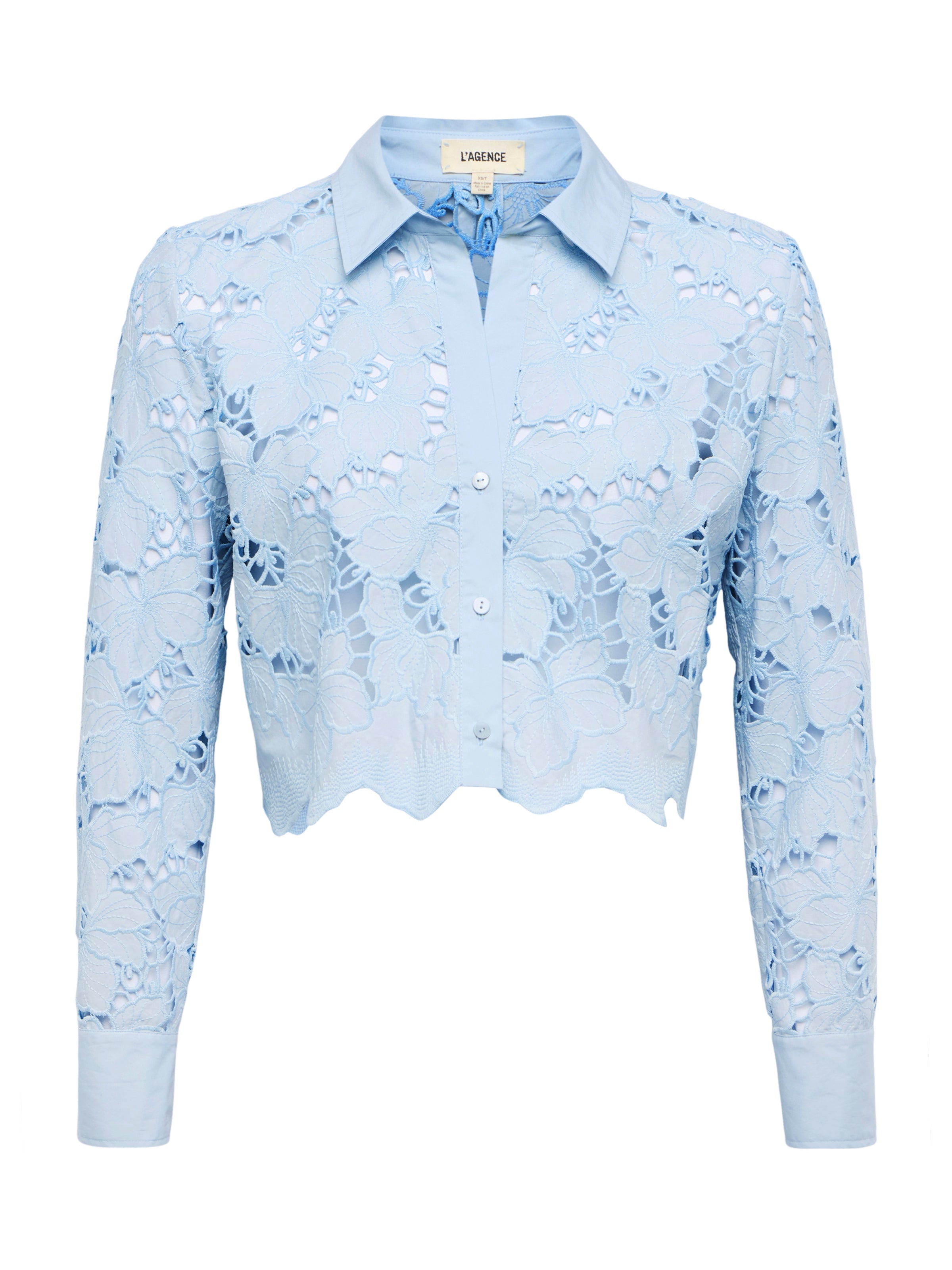 L'AGENCE Seychelle Lace Cropped Blouse Top In Blue Fog