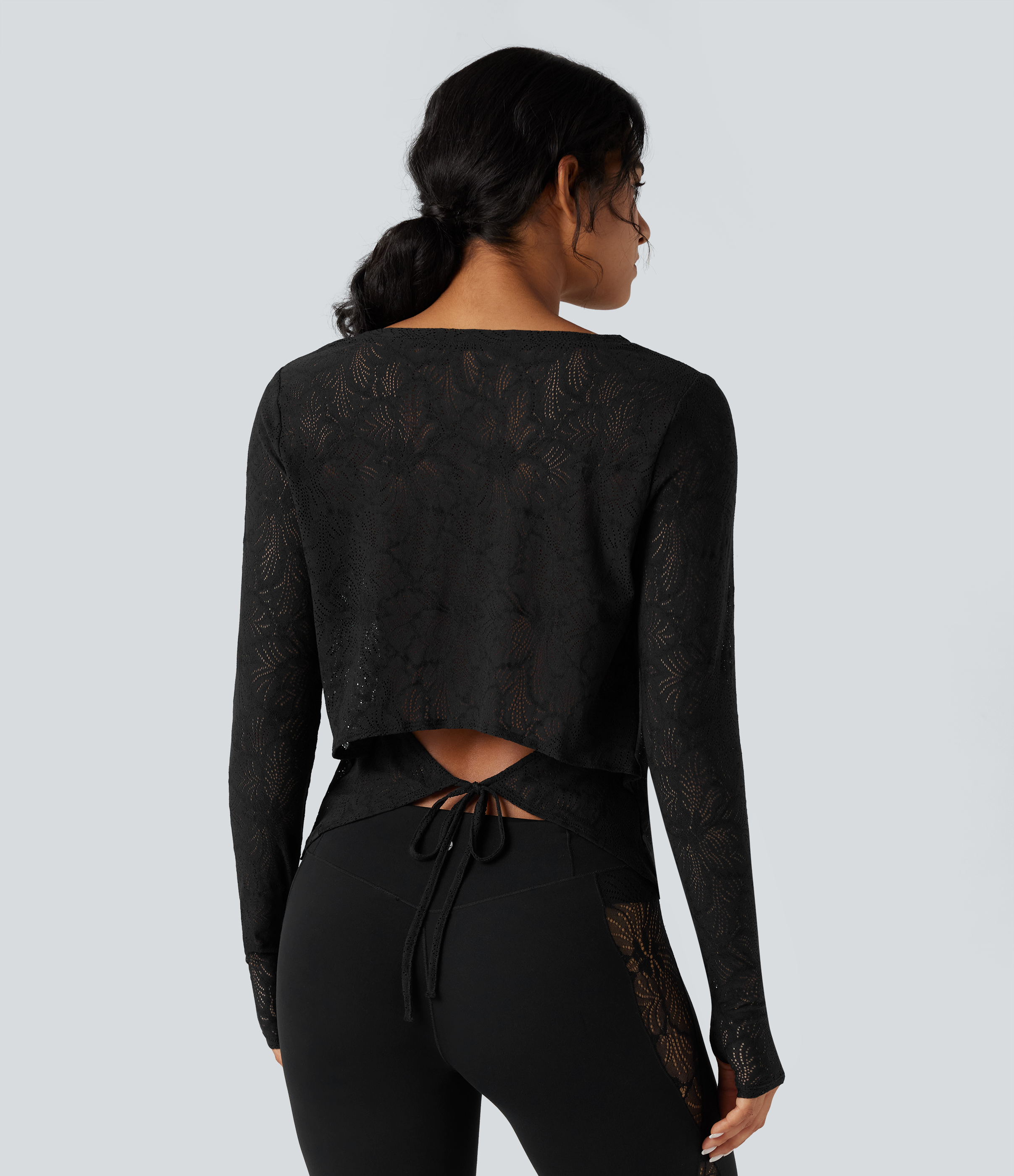 Halara Round Neck Long Sleeve Thumb Holes Tie Back Yoga Lace Sports Top - Black