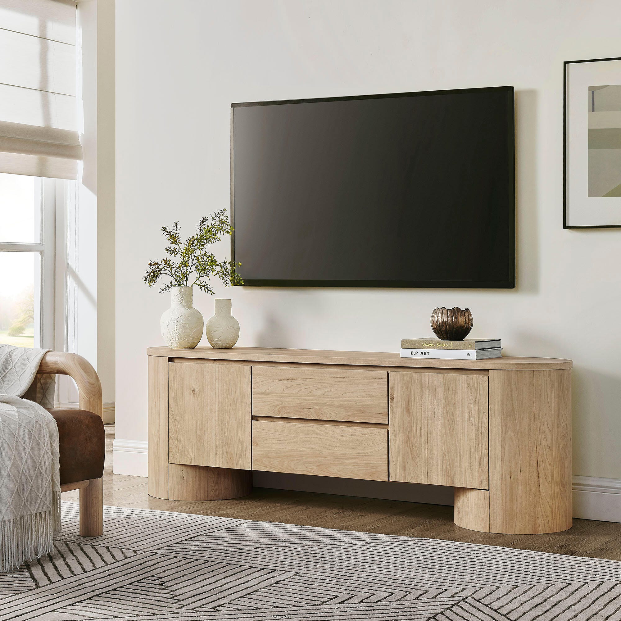 Modway Duval 71" TV stand with Cabinet, Light Oak