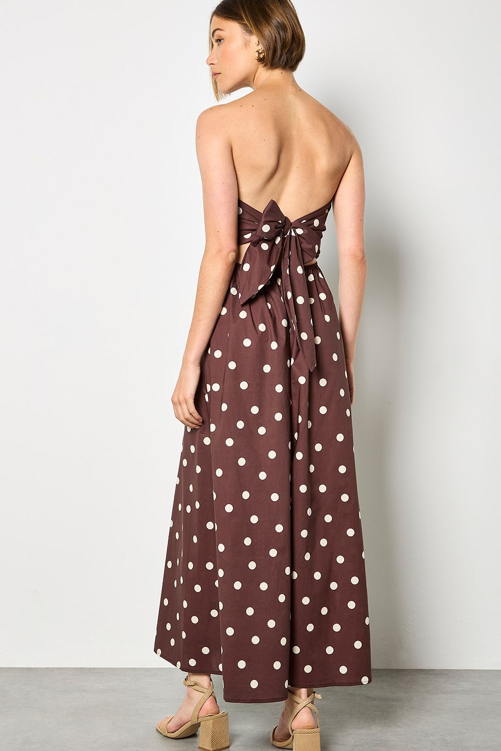 Apricot Women's Polka Dot Bow Back Cotton Jumpsuit in Brown