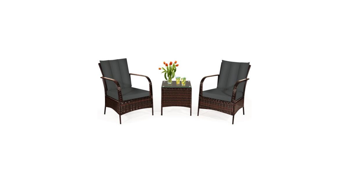 3 Pcs Patio Conversation Rattan Furniture Set with Glass Top Coffee Table and Cushions - Grey