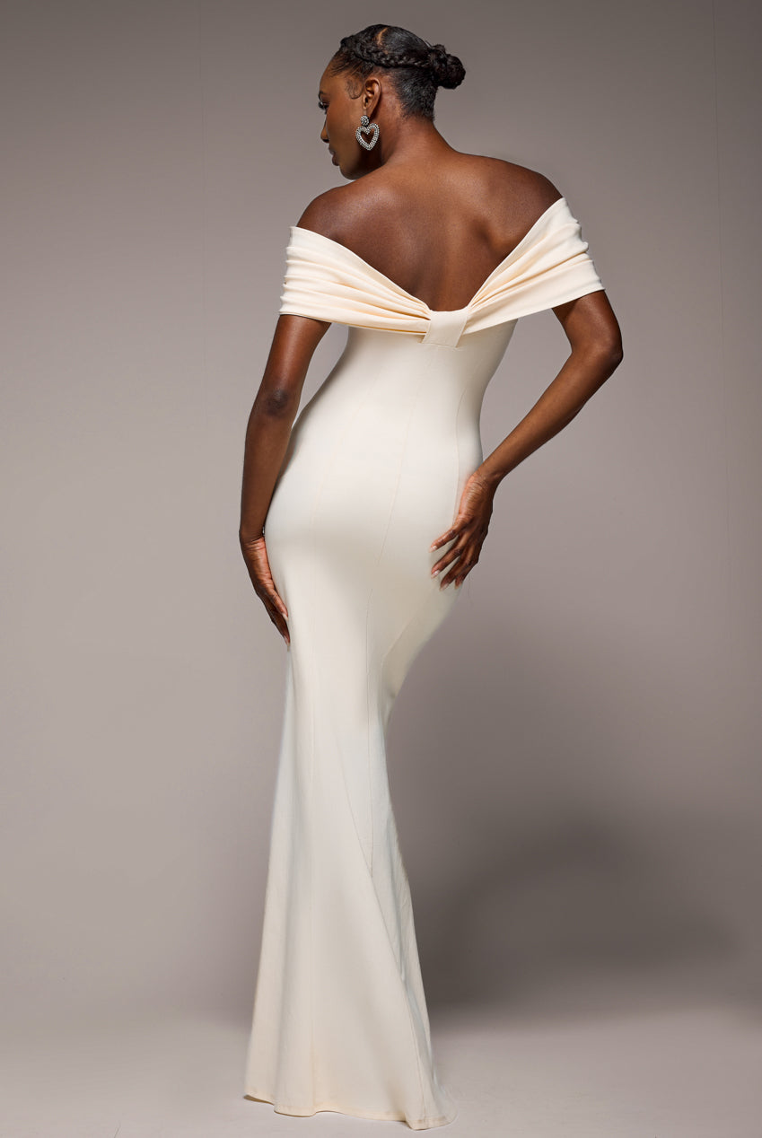 Goddiva Bardot Bow Neck Maxi Dress - Crea