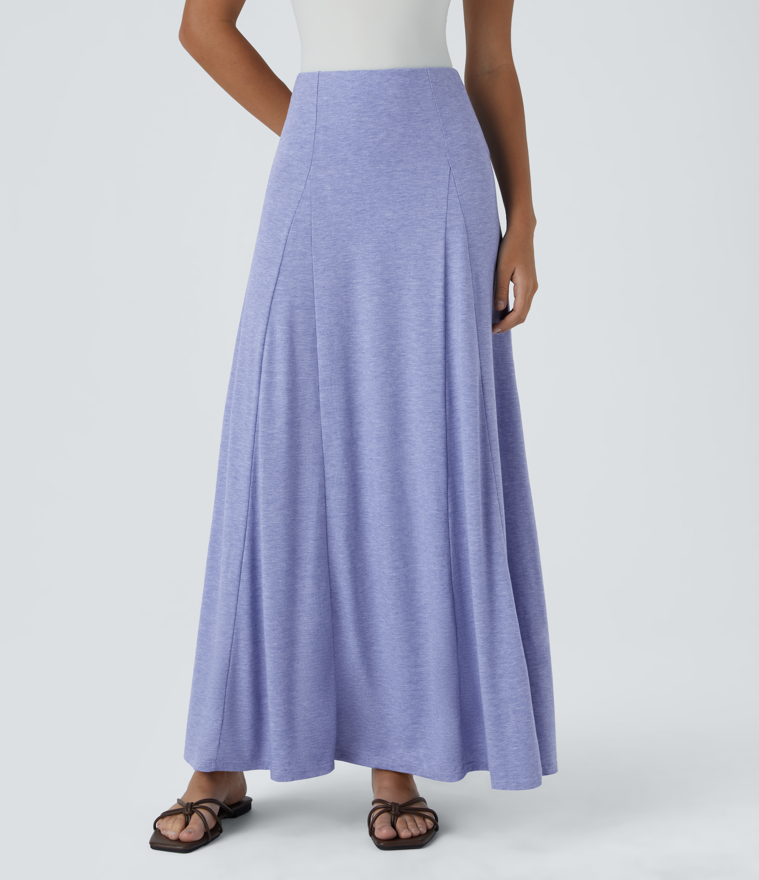 High Waisted Side Zipper Maxi Casual Flare Skirt  - Light Blue Floral Yarn