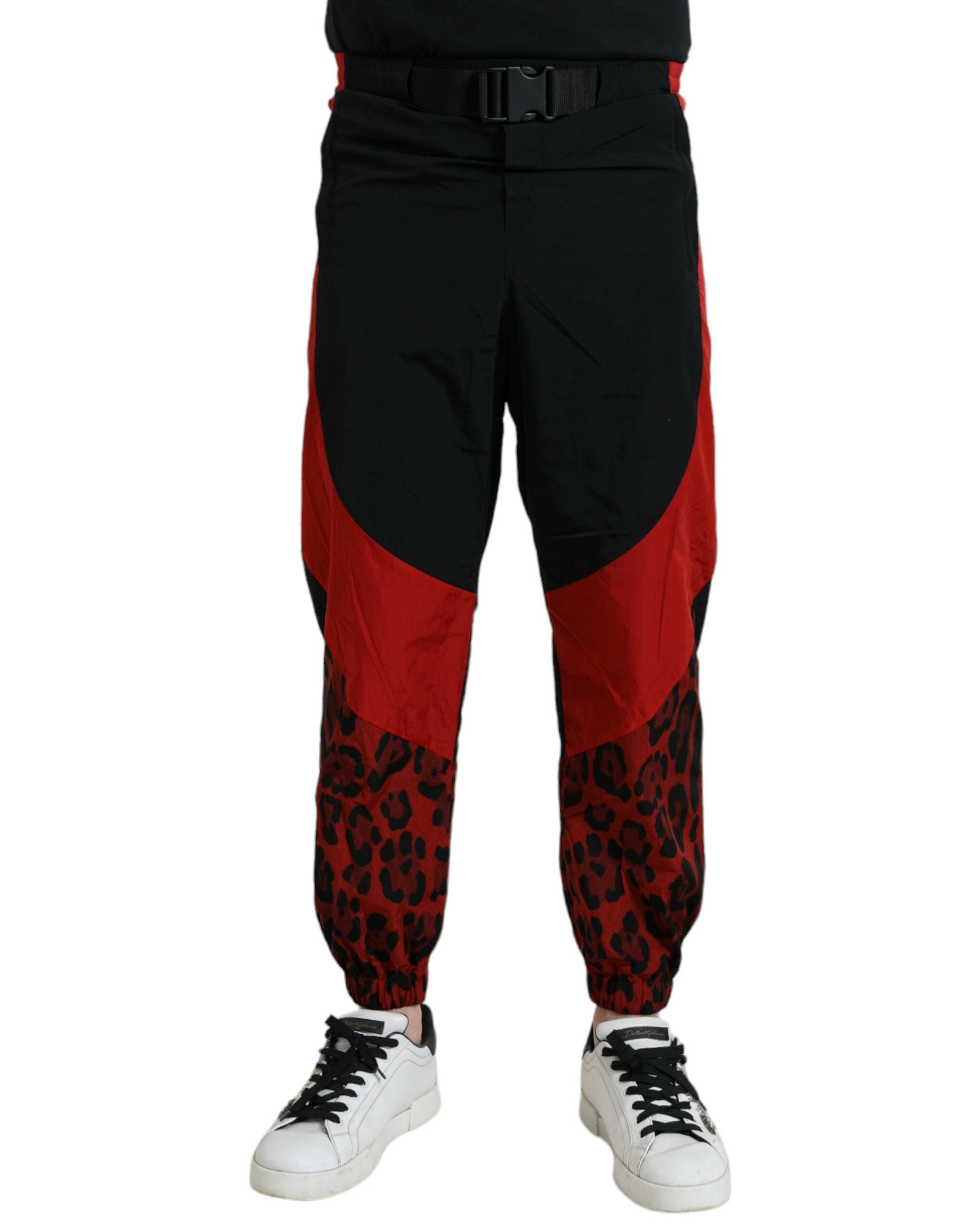 Leopard Print Nylon Jogger Pants — Black and Red