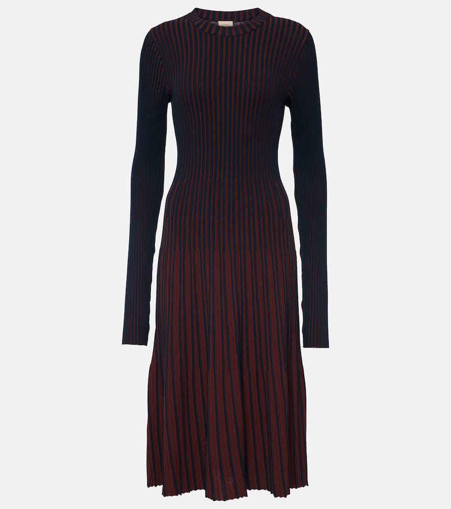Striped ribbed-knit pleated midi dress
