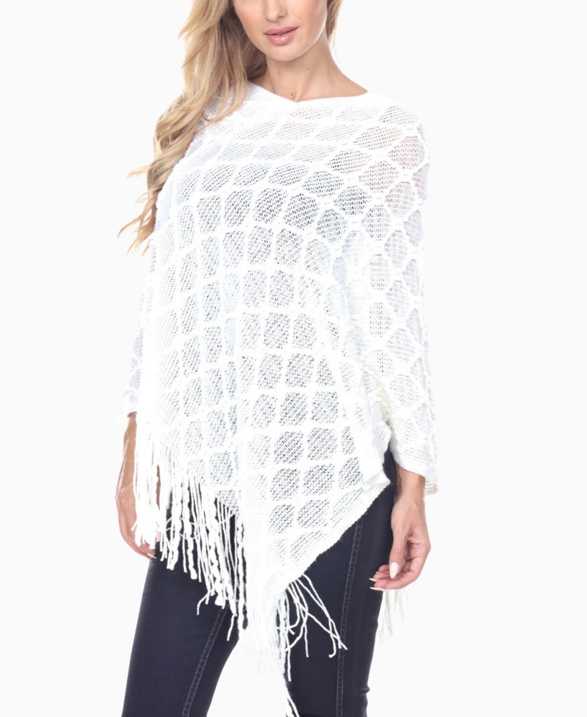 Women's Open Knit Fringe Poncho Sweater - White