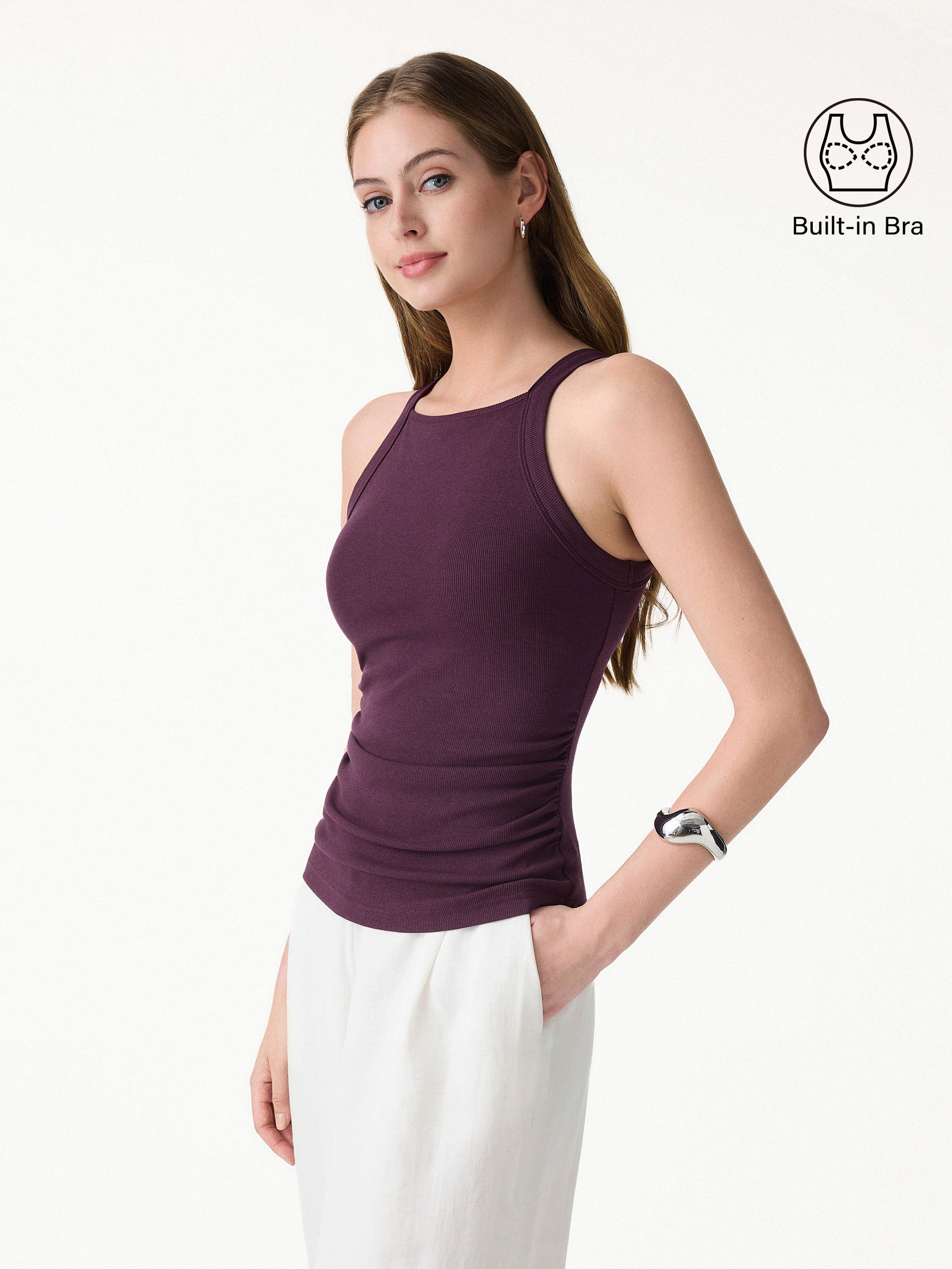 Plantive Chic Square Neck Ruched Rib Bra Tank - Deep Fig