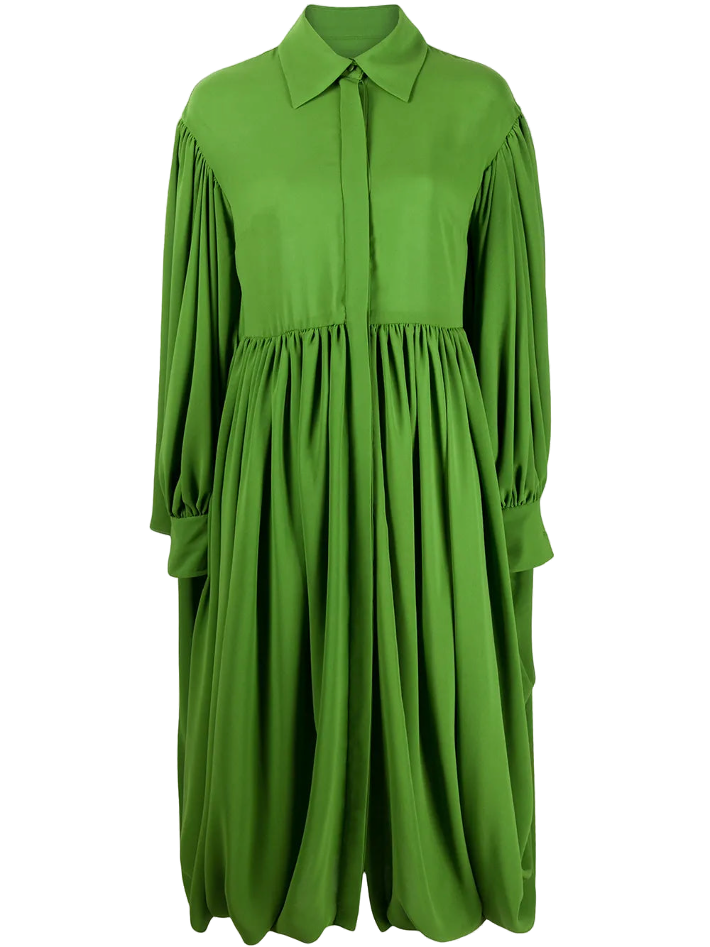 Gathered Hem Pleated Shirt Dress — Green