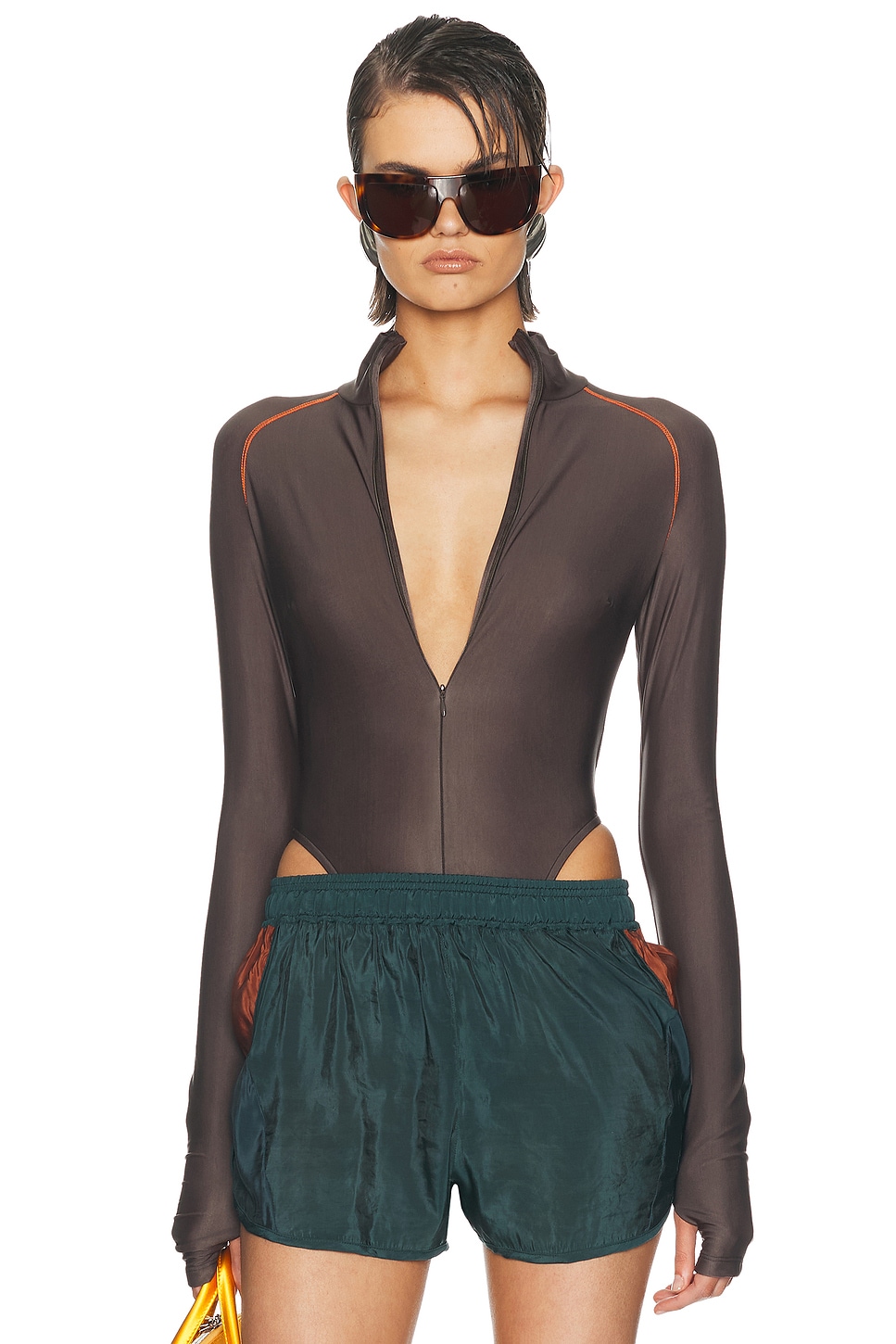 LaQuan Smith Long Sleeve Top Stitch Bodysuit in Chocolate & Orange - Chocolate. L also in M