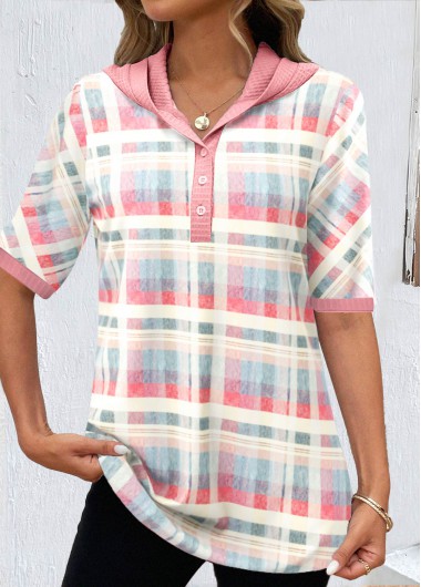 Modlily Light Pink Button Plaid Half Sleeve T Shirt