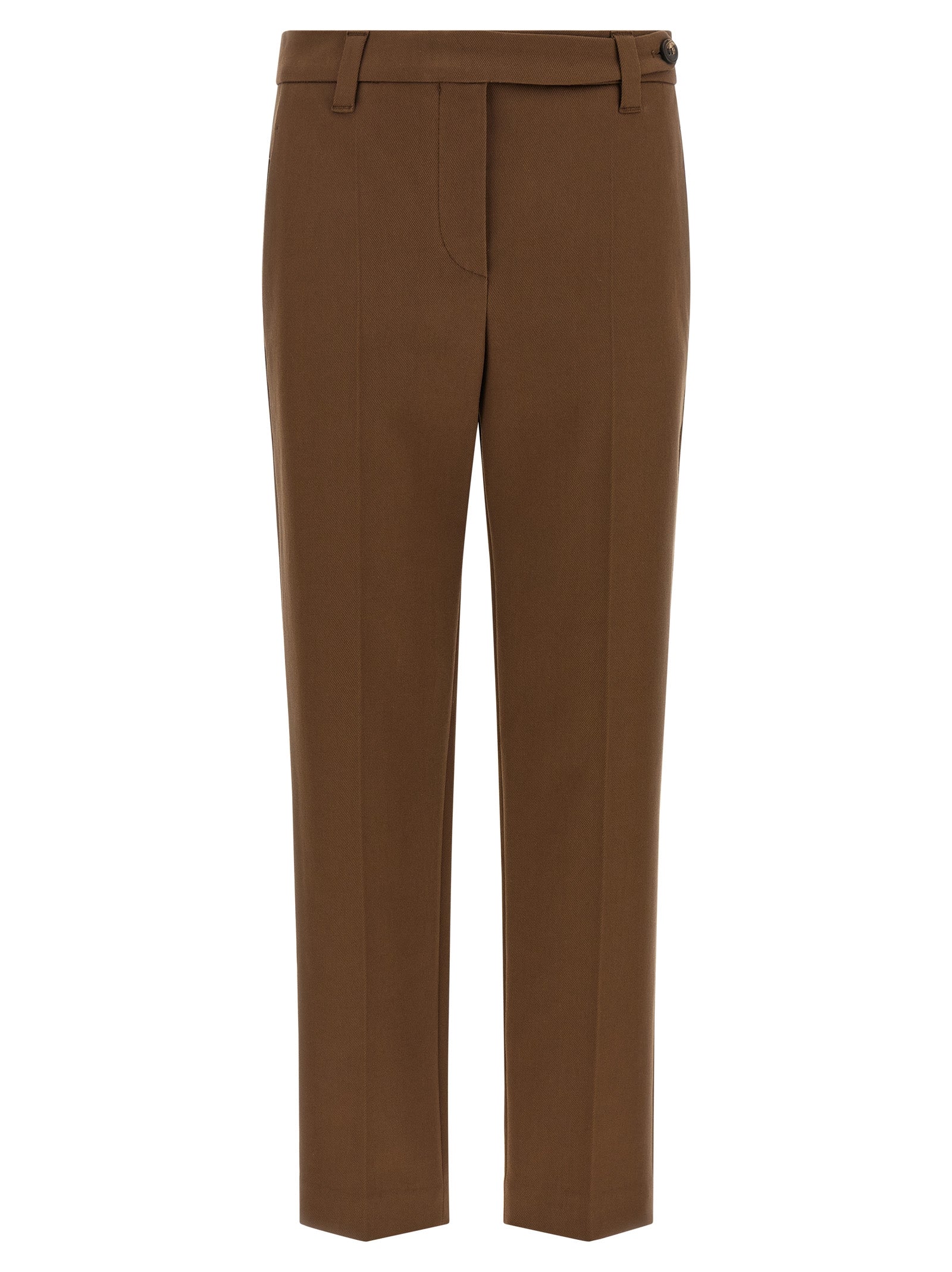Pleated Cropped Cotton Twill Trousers — Brown