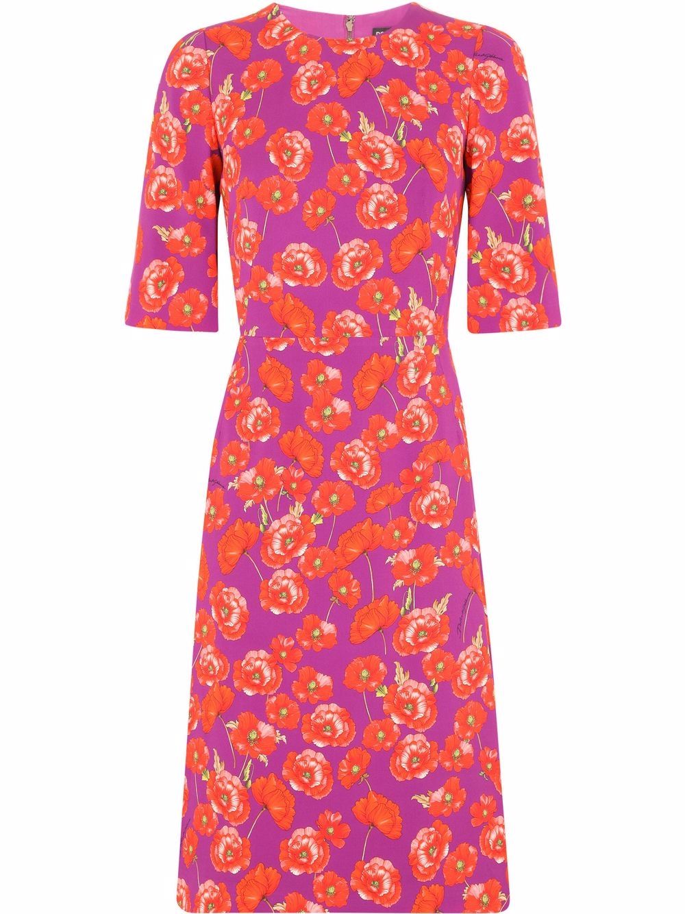 Poppy-print three-quarter sleeve dress - Purple
