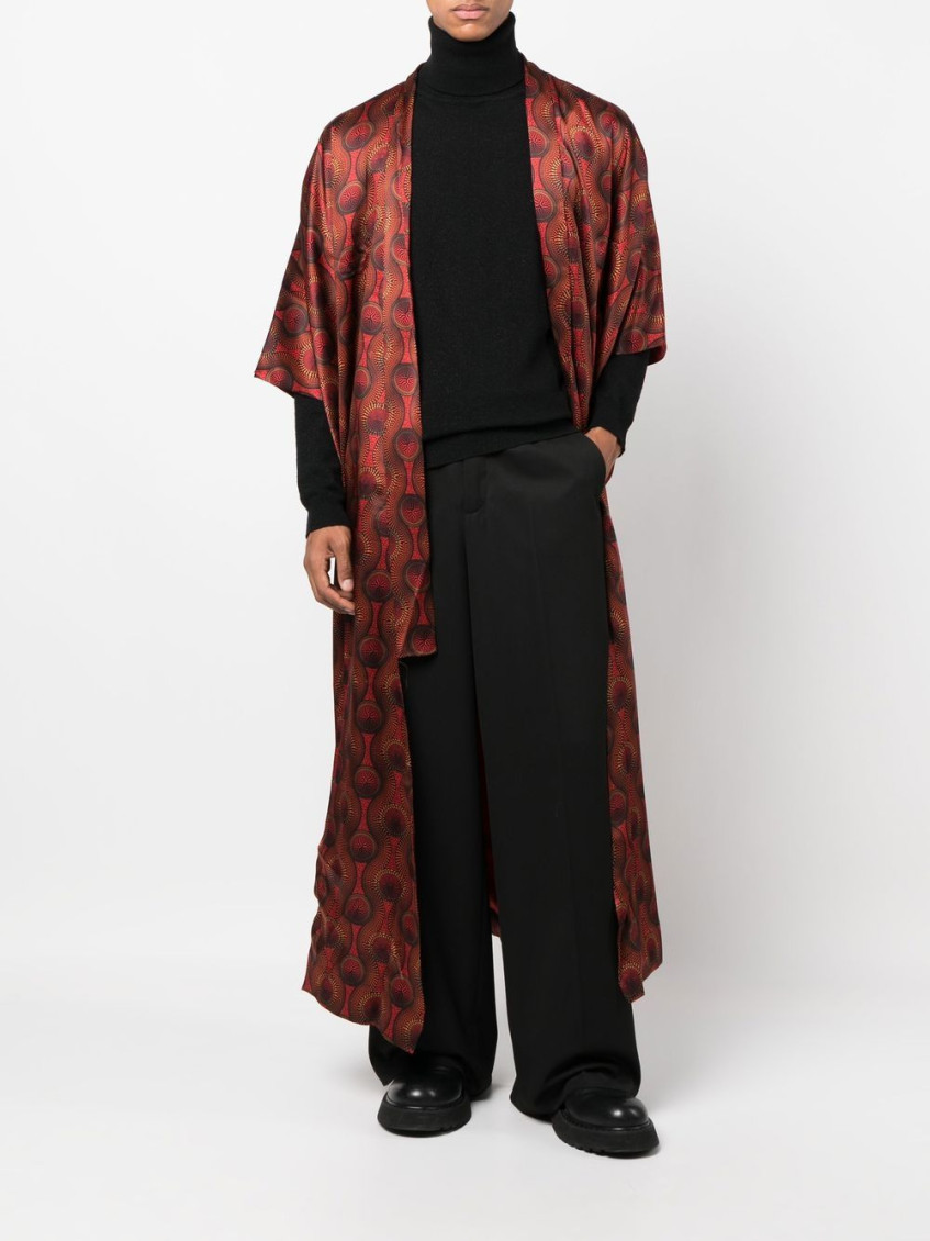 Red Printed Silk Long Kimono