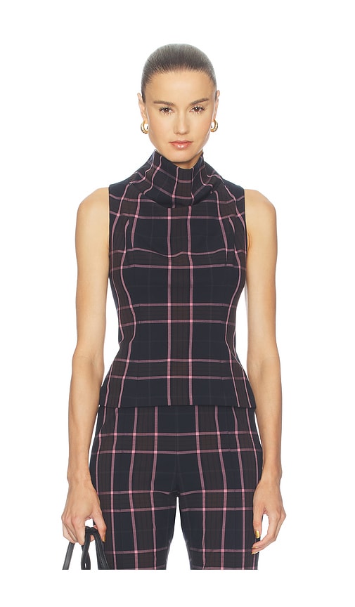 Smythe Funnel Neck Shell in Fig Plaid. 0 also , 2