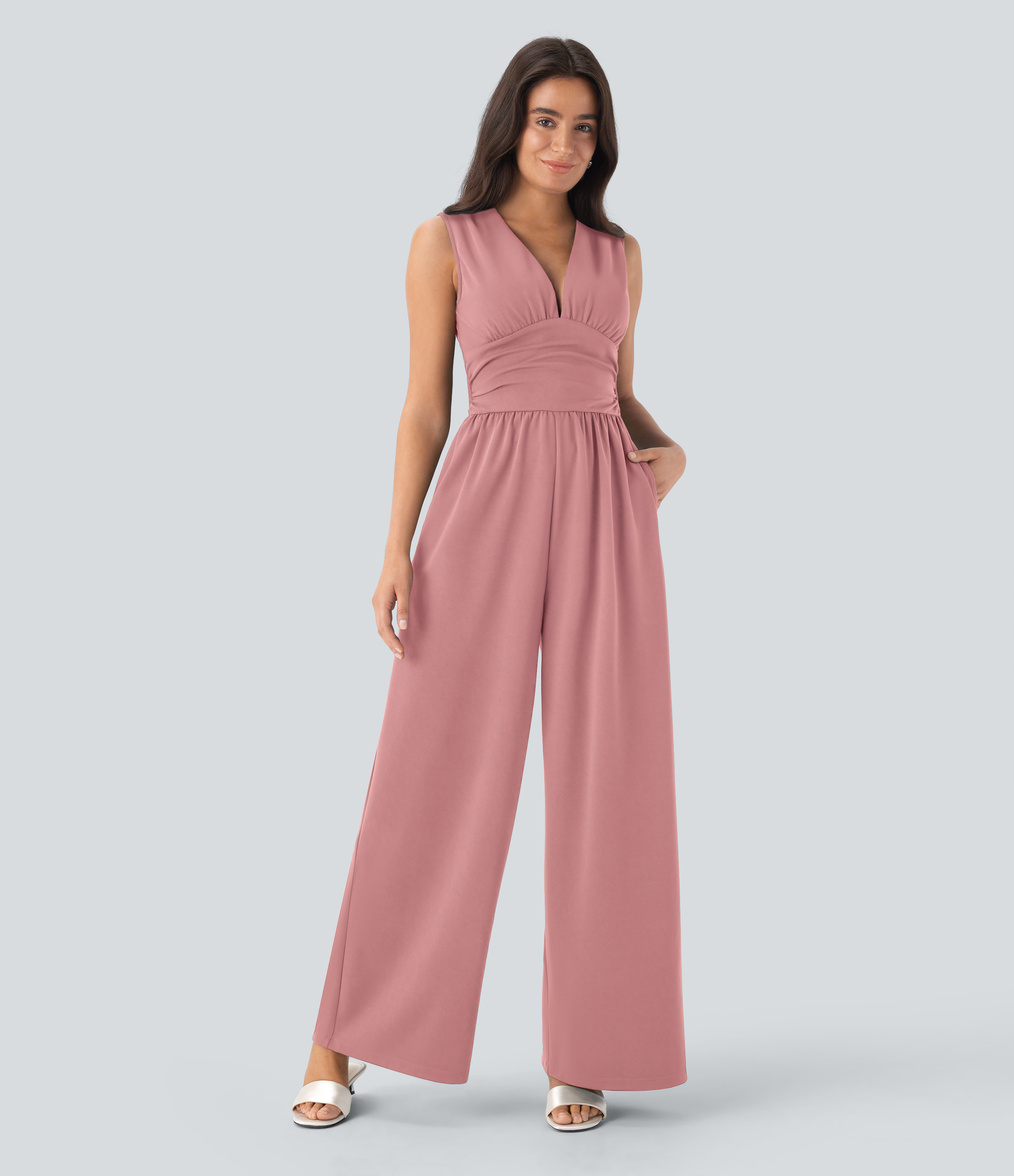 V Neck Sleeveless Ruched Pocket Jumpsuit-Easy Peezy  - Bridal Rose
