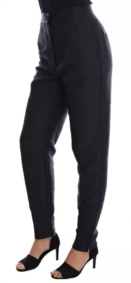 Floral Brocade High-Waist Trousers — Black
