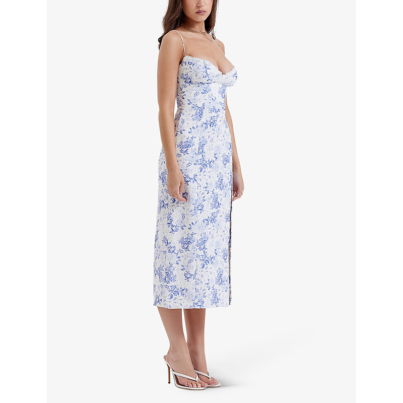 Womens Blue Charlotte Floral-print Fitted-corset Stretch-woven Midi Dress