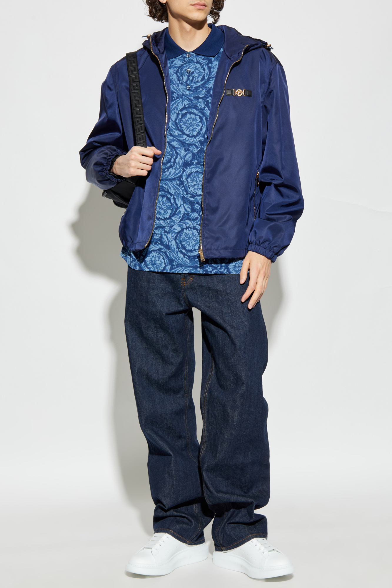 Versace Polo Shirt With "Barocco" Pattern, Men's, Blue