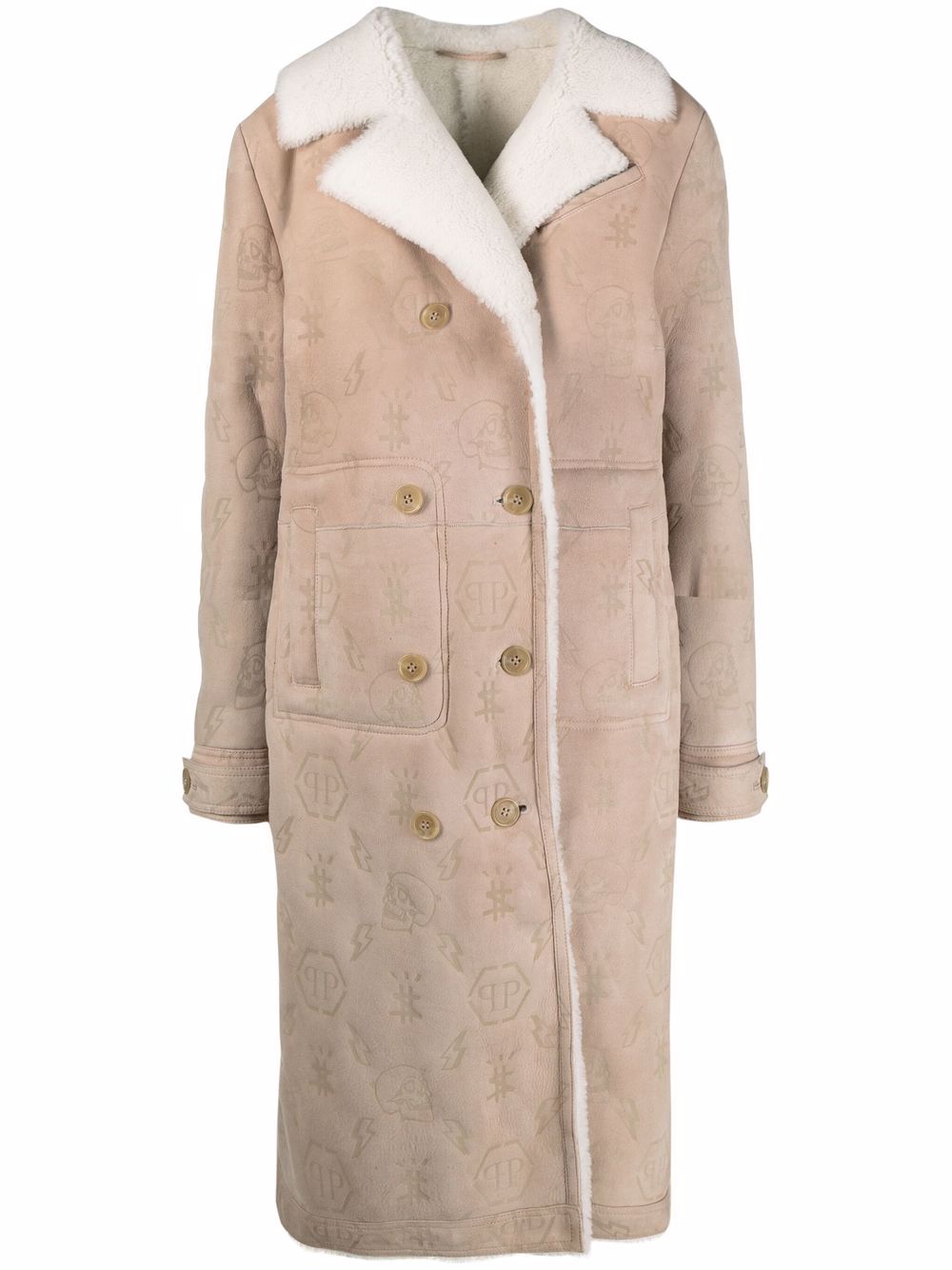 Monogram-embossed long shearling coat - Neutrals