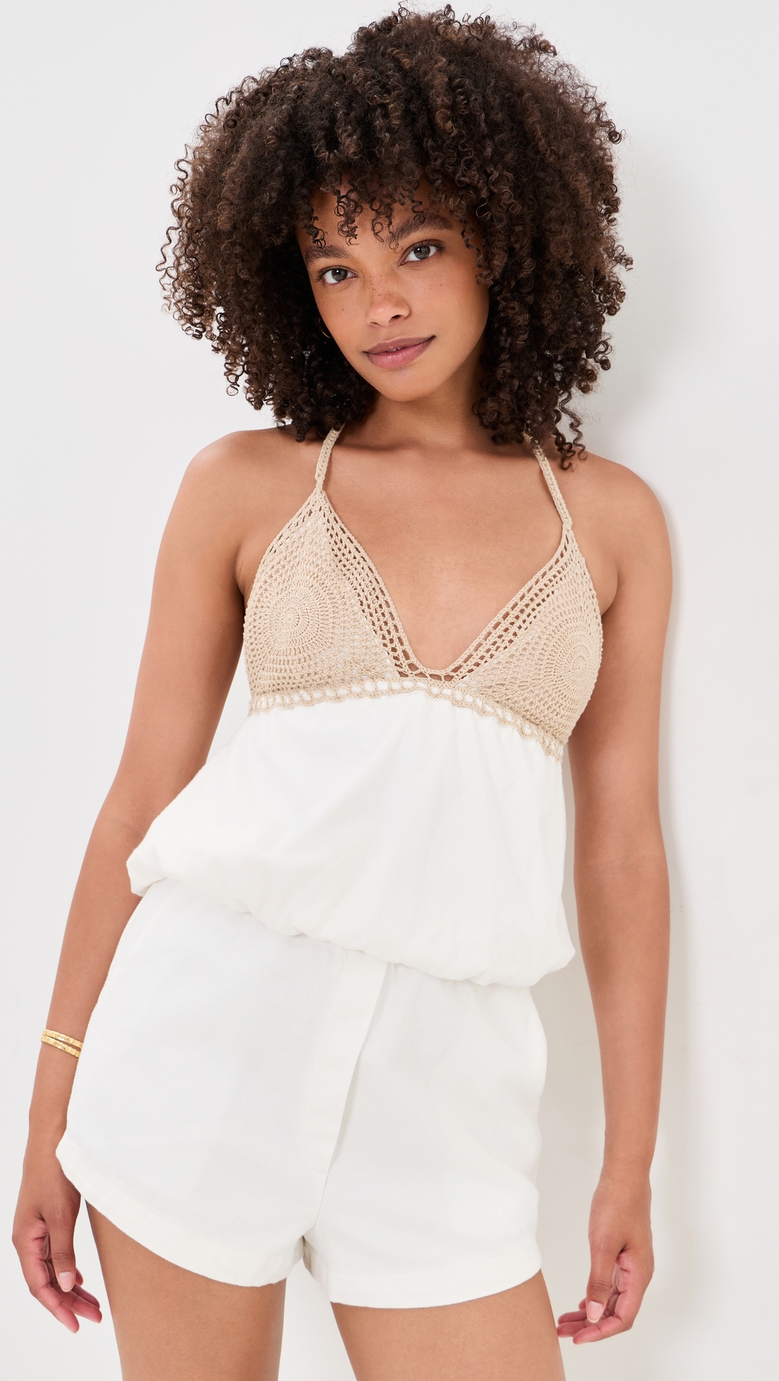 Crochet Bodice Halter Top Off-White