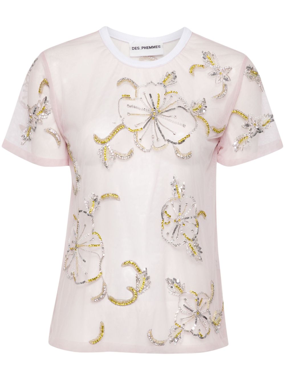 Hibiscus-embroidered semi-sheer T-shirt - Pink