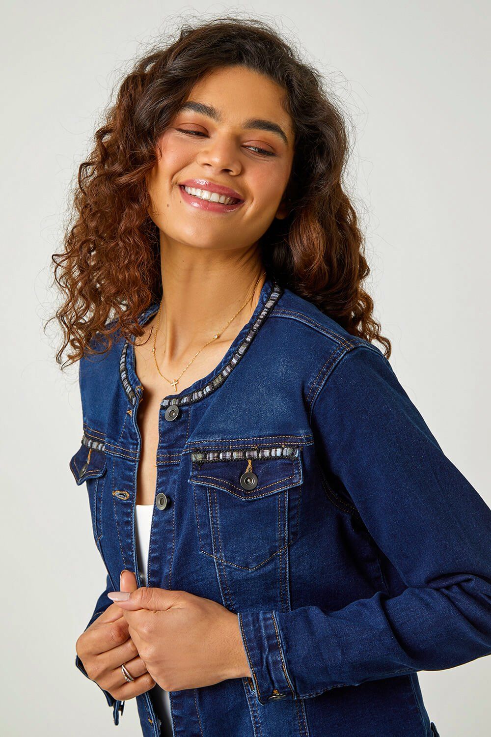 Roman Women's Collarless Tape Stretch Denim Jacket in Indigo