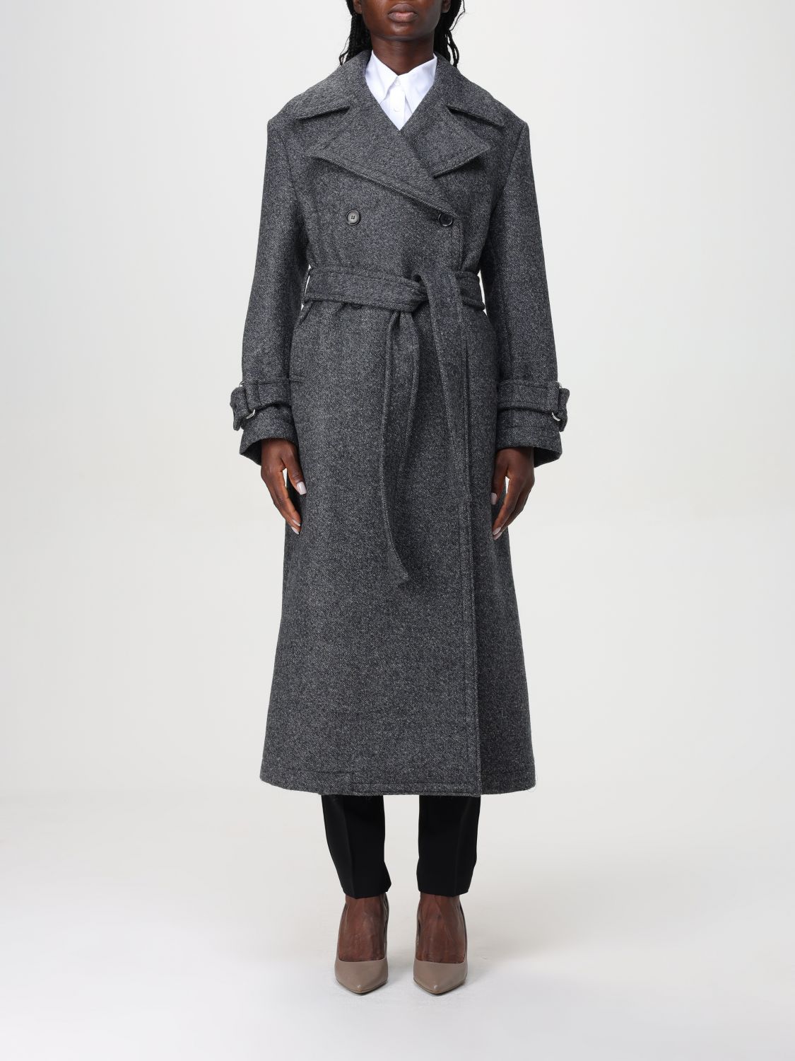 Tie-fastening double-breasted coat - Grey