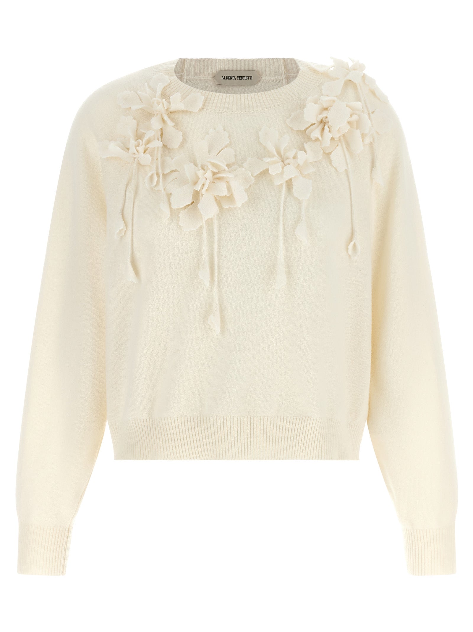 3D Floral-Embroidered Virgin Wool Sweater — White