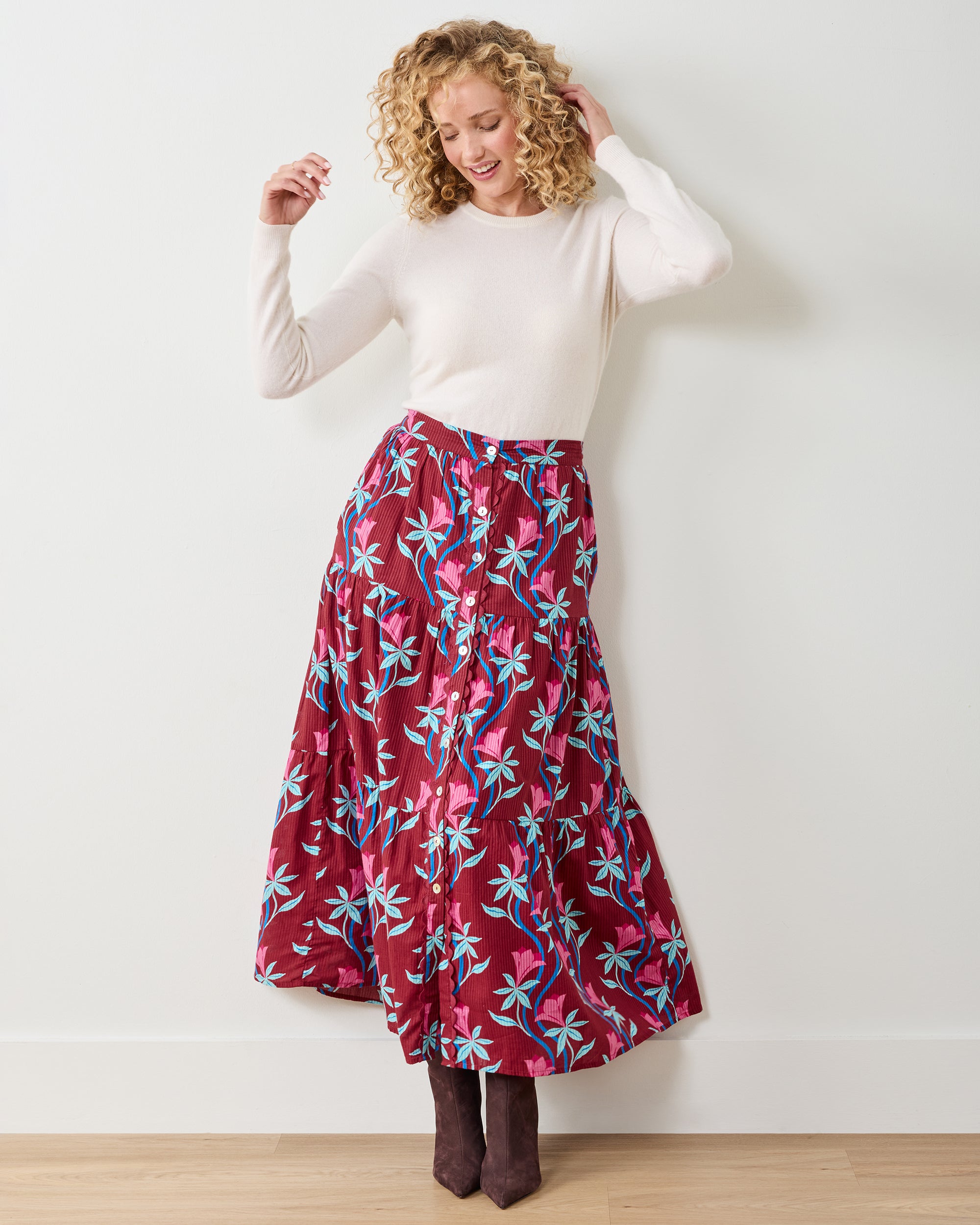 Organic Cotton Maxi Skirt in Moonflower Vine | Women's XS | Red