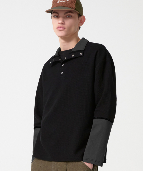 Waffle Ring Snap Collar Henley Neck Long Sleeve_Charcoal