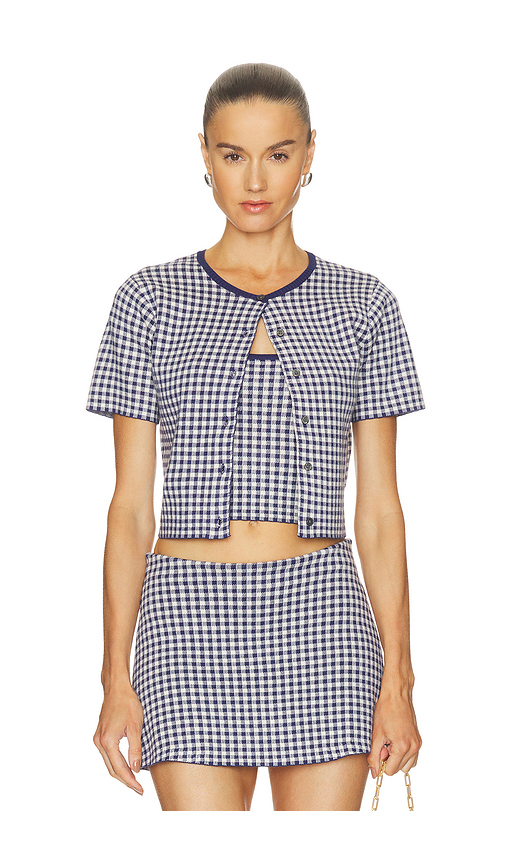 Good American The Keepsake Cardigan in Navy Gingham. XXXXL/4X also in XS, S, M, L, XXL/2X, XXXL/3X
