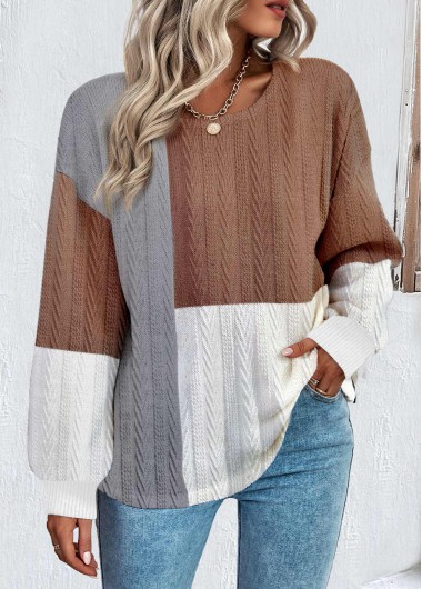 Modlily Dark Coffee Patchwork Long Sleeve Round Neck Sweatshirt