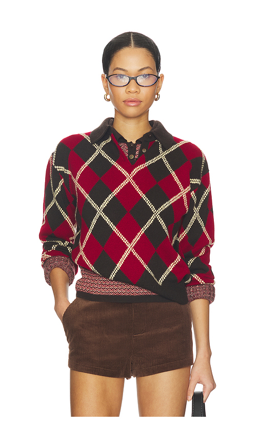 Guest In Residence Collegiate Argyle Polo Top in Burnt Cocoa Combo - Red. XS also in L, M