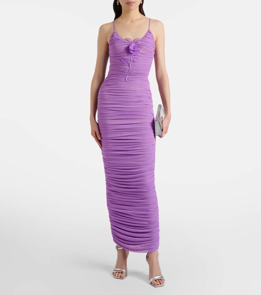 Floral-appliqué ruched cocktail dress