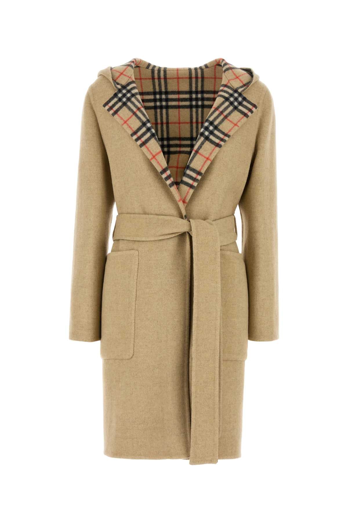 Wool Check Hooded Coat — Beige