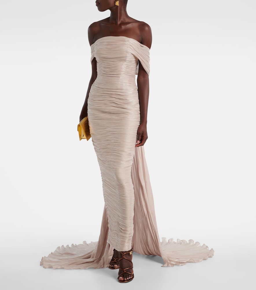 Off-shoulder pleated bustier gown