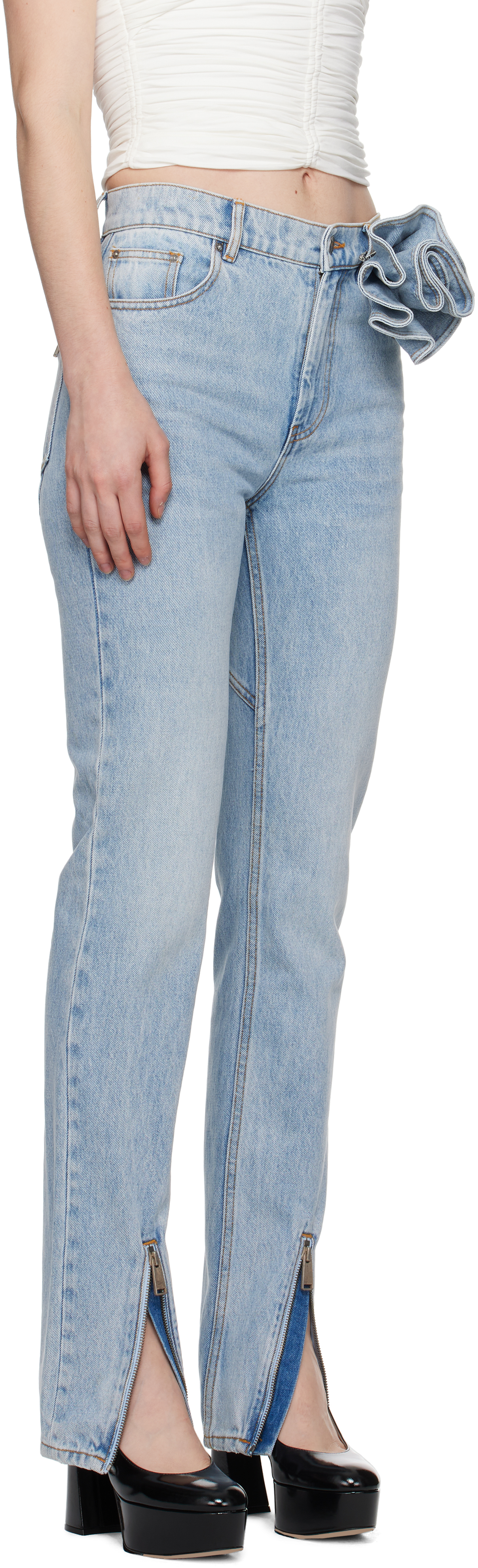 AREA Blue Flower Corsage Ankle Zip Jeans