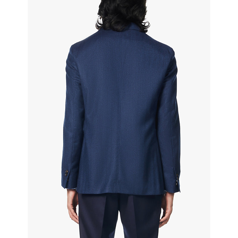 Mens Blue Herringbone Single-breasted Brushed Wool Blazer