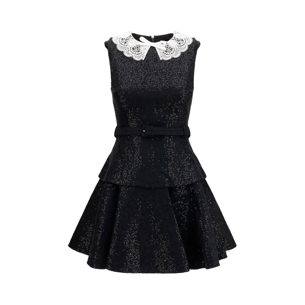 Sequin Bouclé with Lace Collar Dress — Black