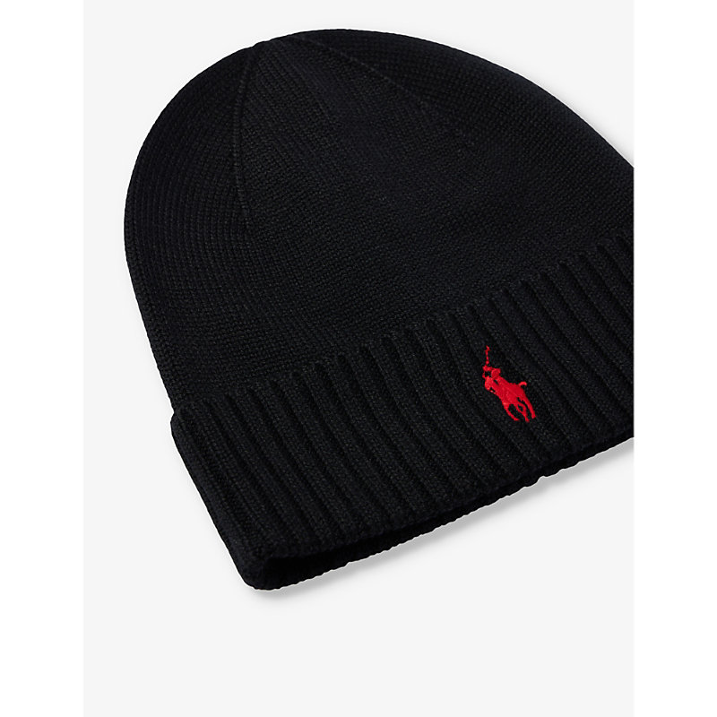 Mens Polo Black Brand-embroidered Folded-brim Wool Beanie