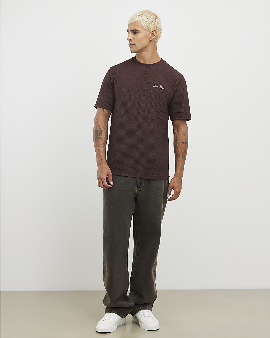 River Island Mens T-Shirt Brown Slim Fit Slinky Ame Saint - X-Sma