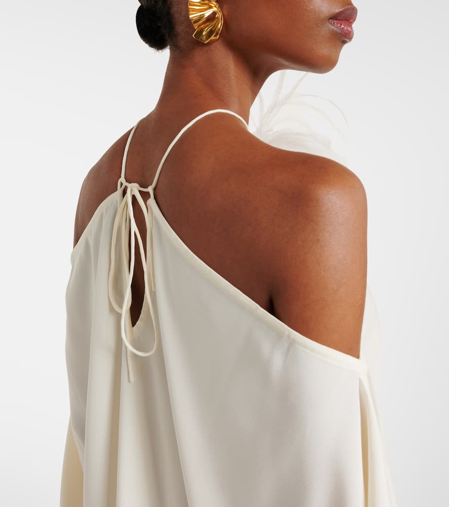 Feather-trimmed off-shoulder gown