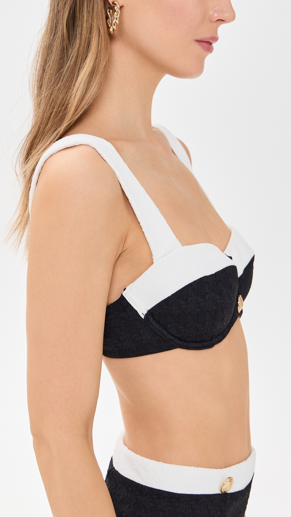Alexandria Colorblock Chic Structured Bra Top with Gold Buttons Black