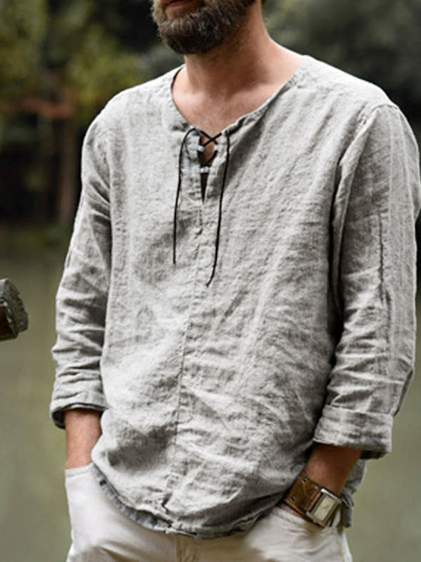 Men's Linen Cotton Long Sleeve Solid Lace Up T-Shirts SKUF61862 - LightGrey / S